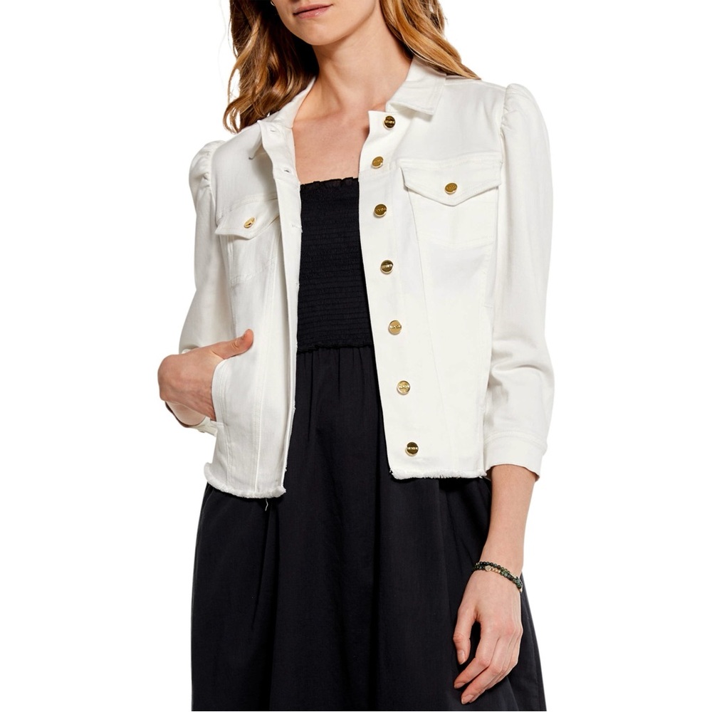 Nic+Zoe White Femme Sleeve Crop Denim Jean Jacket Gold Button Frayed Hem Large L